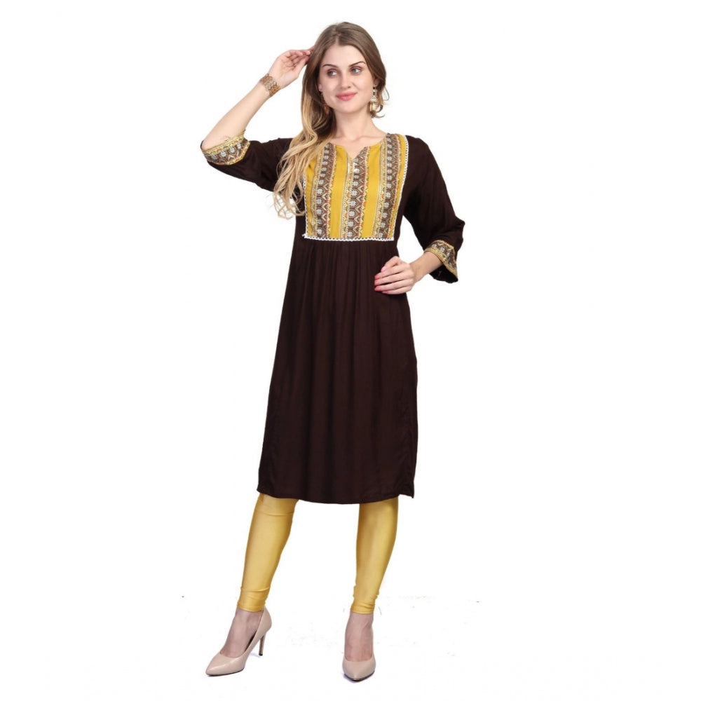 Generic Women's Casual 3/4 Sleeve Viscose Rayon Printed Kurti (Brown) - Noble Nook