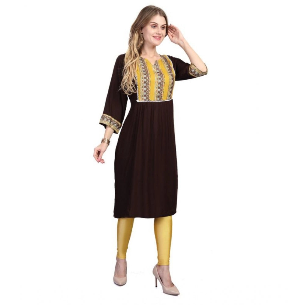 Generic Women's Casual 3/4 Sleeve Viscose Rayon Printed Kurti (Brown) - Noble Nook