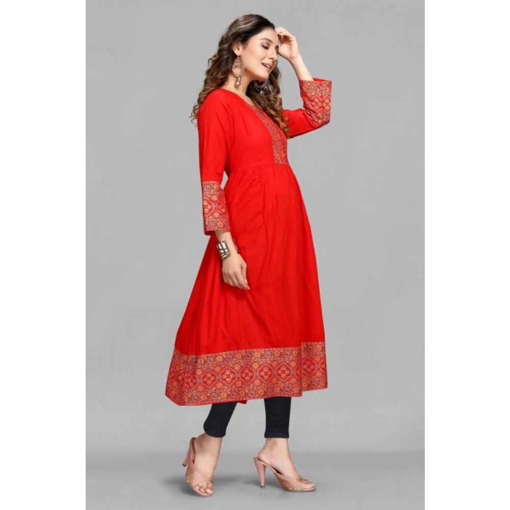 Generic Women's Casual 3/4 Sleeve Viscose Rayon Foil Printed Kurti (Red) - Noble Nook