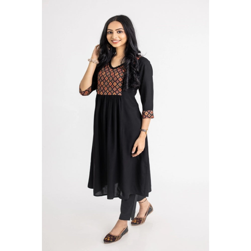 Generic Women's Casual 3/4 Sleeve Viscose Rayon Printed Kurti (Black) - Noble Nook