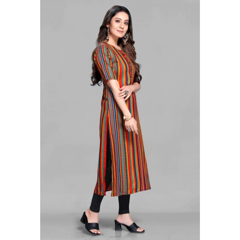 Generic Women's Casual 3/4 Sleeve Viscose Rayon Strip Kurti (Multicolor) - Noble Nook