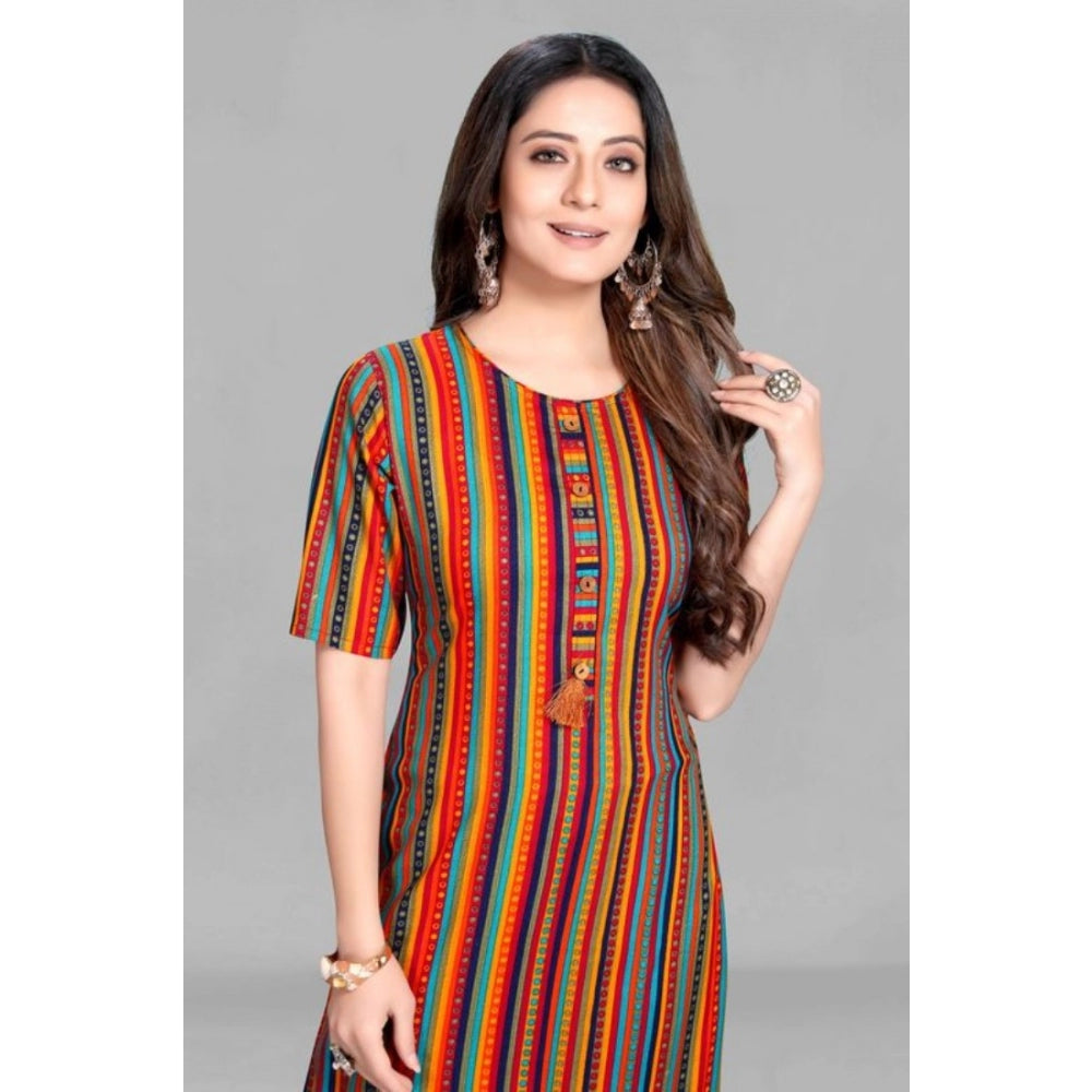 Generic Women's Casual 3/4 Sleeve Viscose Rayon Strip Kurti (Multicolor) - Noble Nook