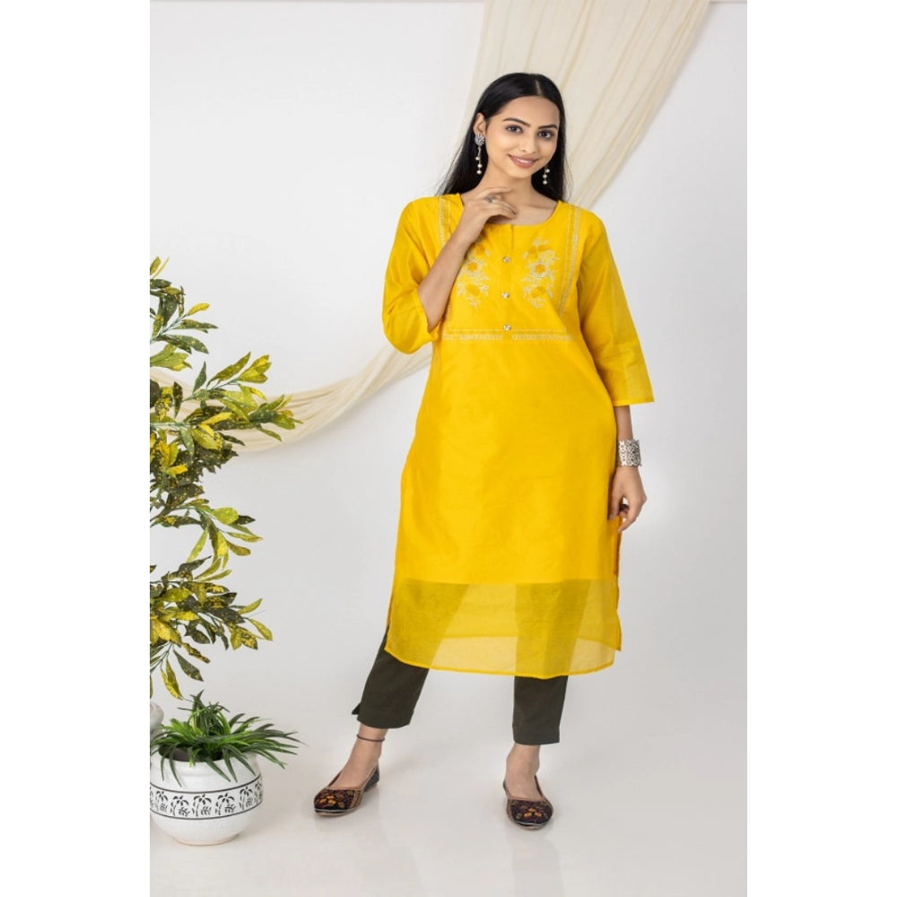 Generic Women's Casual 3/4 Sleeve Chanderi Printed Kurti (Yellow) - Noble Nook