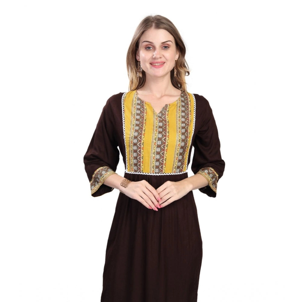 Generic Women's Casual 3/4 Sleeve Viscose Rayon Printed Kurti (Brown) - Noble Nook