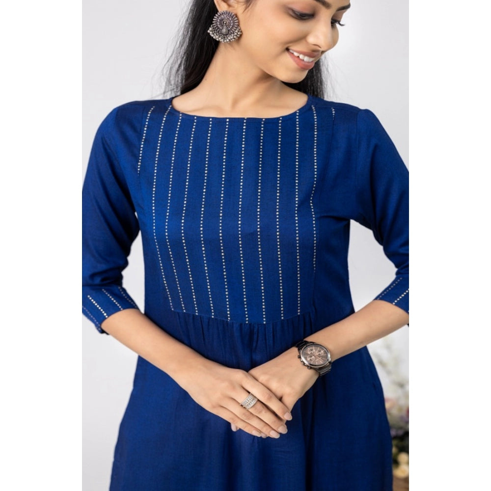 Generic Women's Casual 3/4 Sleeve Tussar Silk Printed Kurti (Blue) - Noble Nook