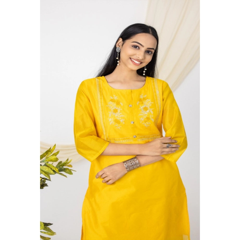 Generic Women's Casual 3/4 Sleeve Chanderi Printed Kurti (Yellow) - Noble Nook