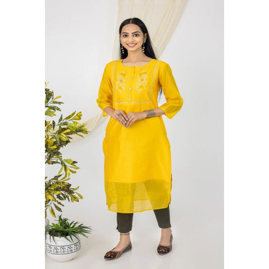 Generic Women's Casual 3/4 Sleeve Chanderi Printed Kurti (Yellow) - Noble Nook