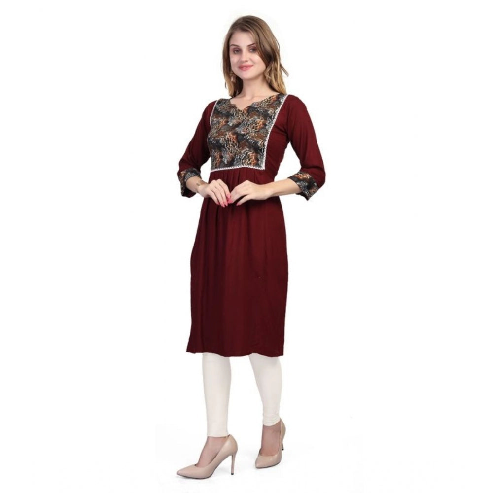 Generic Women's Casual 3/4 Sleeve Viscose Rayon Printed Kurti (Brown) - Noble Nook