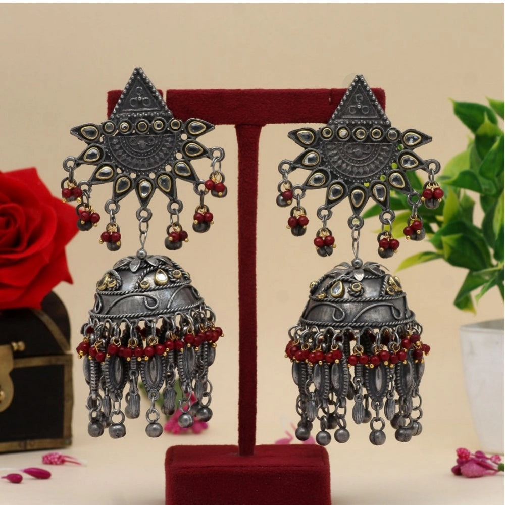 Generic Women's Maroon Color Oxidised Big Jhumka Earrings - Noble Nook