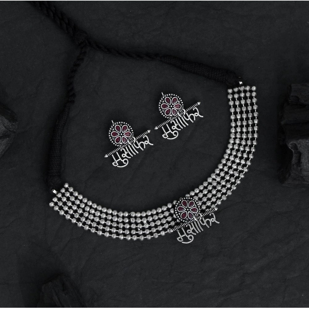 Generic Women's Maroon Color Oxidised Temple Necklace Set - Noble Nook