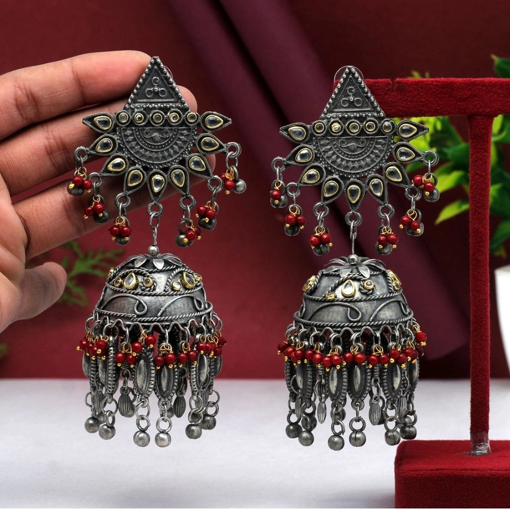 Generic Women's Maroon Color Oxidised Big Jhumka Earrings - Noble Nook