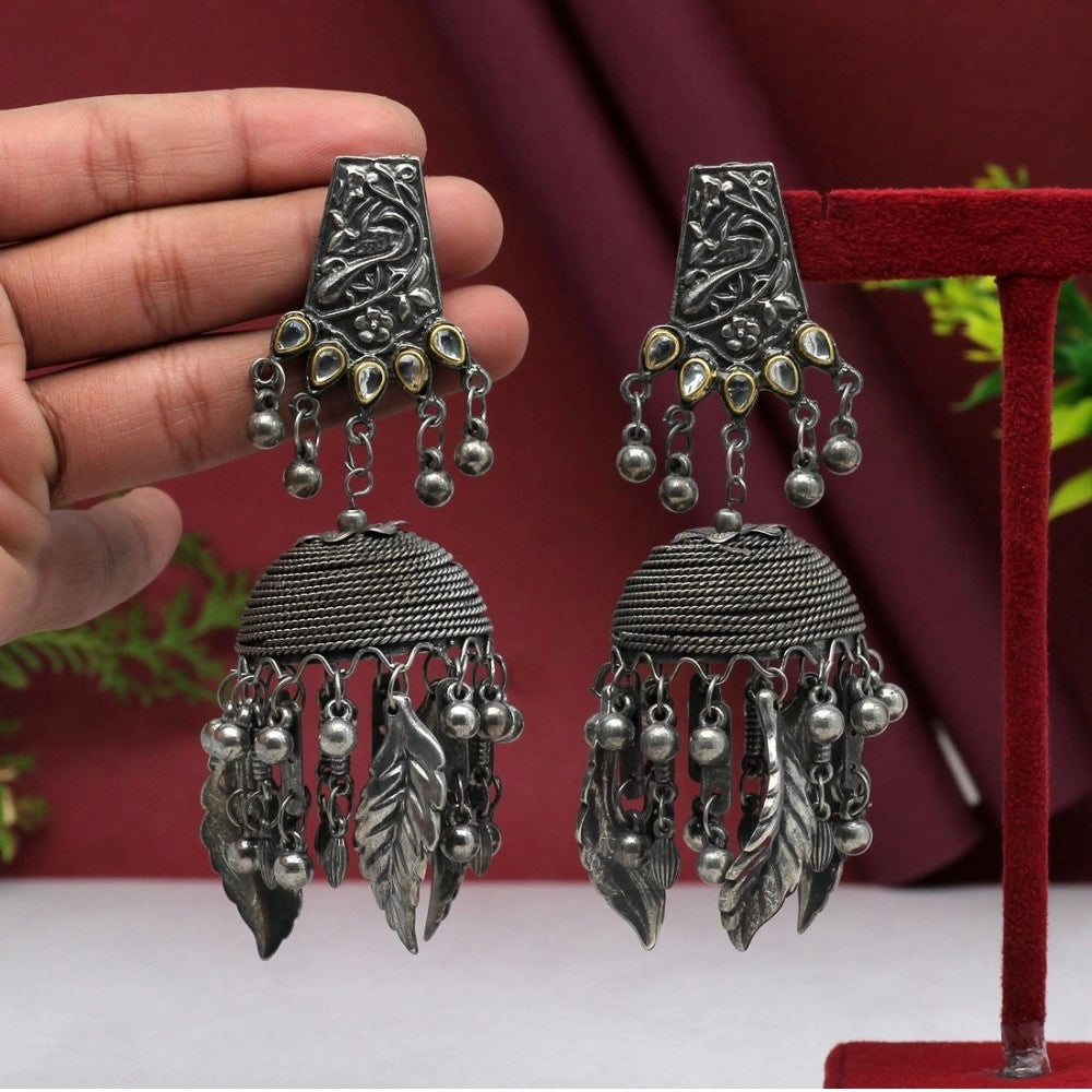 Generic Women's Silver Color Oxidised Big Jhumka Earrings - Noble Nook