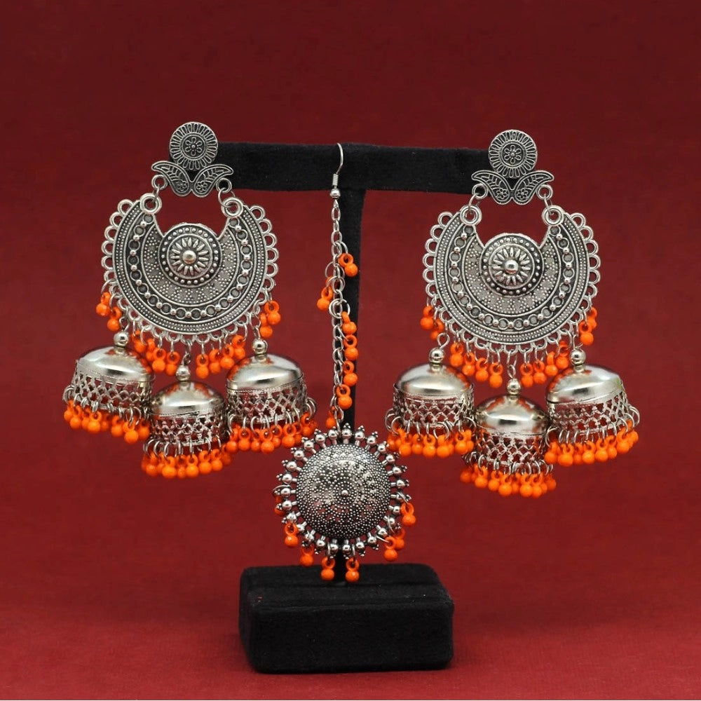 Generic Women's Orange Color Oxidised Earrings Tikka Set - Noble Nook