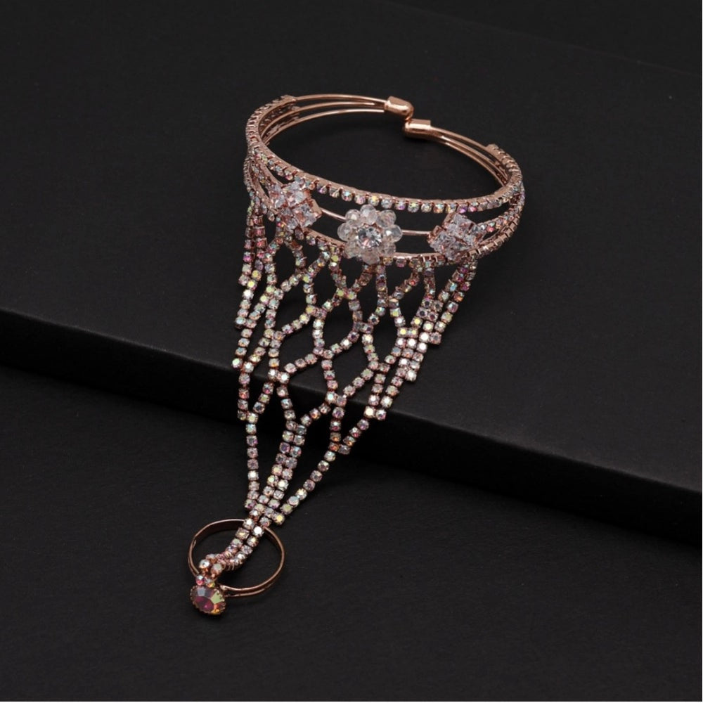 Generic Women's Rainblow Color Rose Gold Rhinestone Hathphool Adjustable Bracelet - Noble Nook