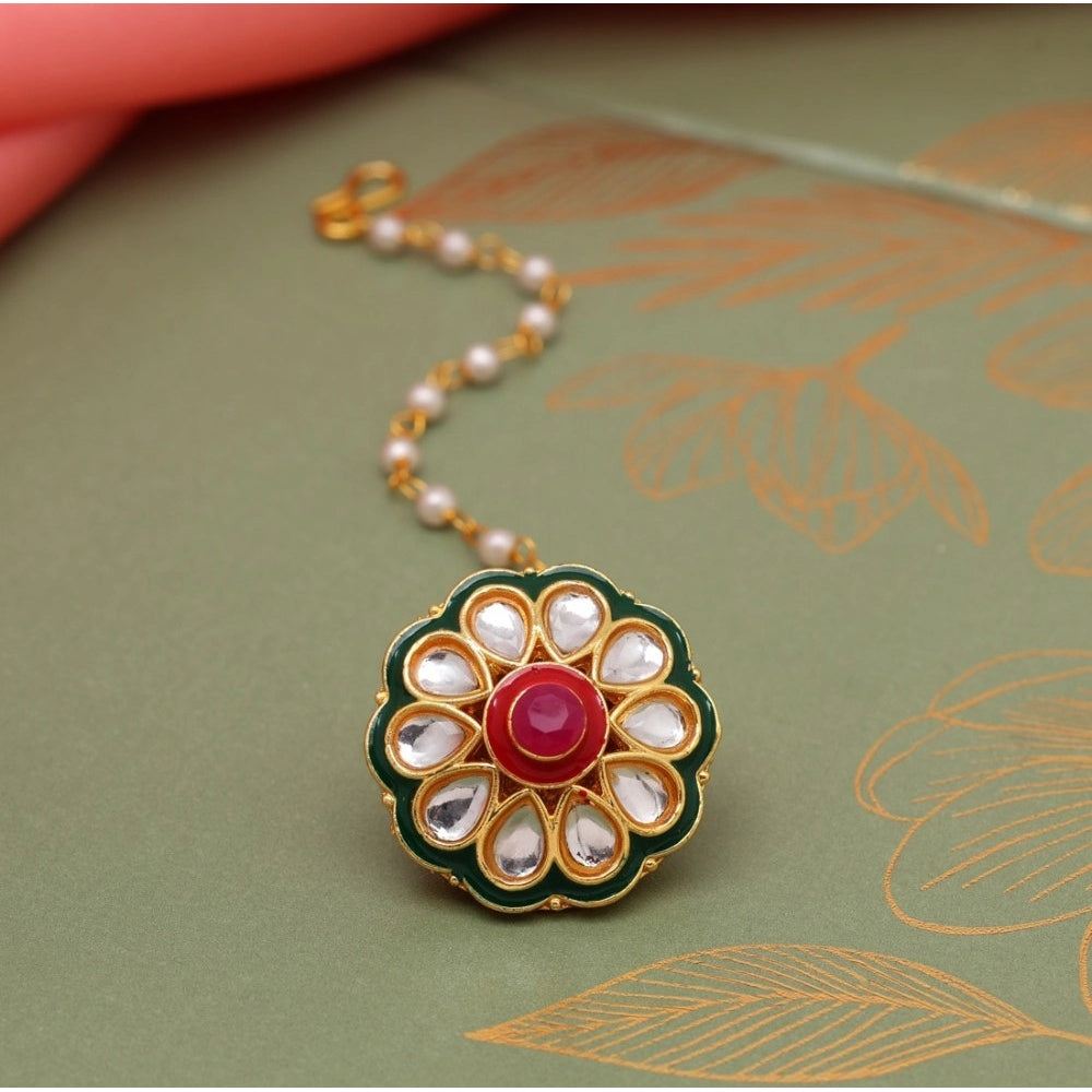 Generic Women's Maroon &amp; Green Color Kundan Meena Borla Tikka - Noble Nook