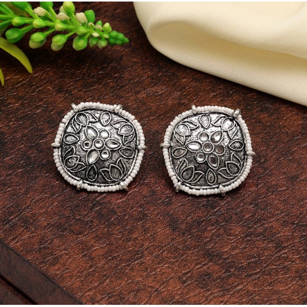 Generic Women's Silver Color Oxidised Stud Earrings - Noble Nook