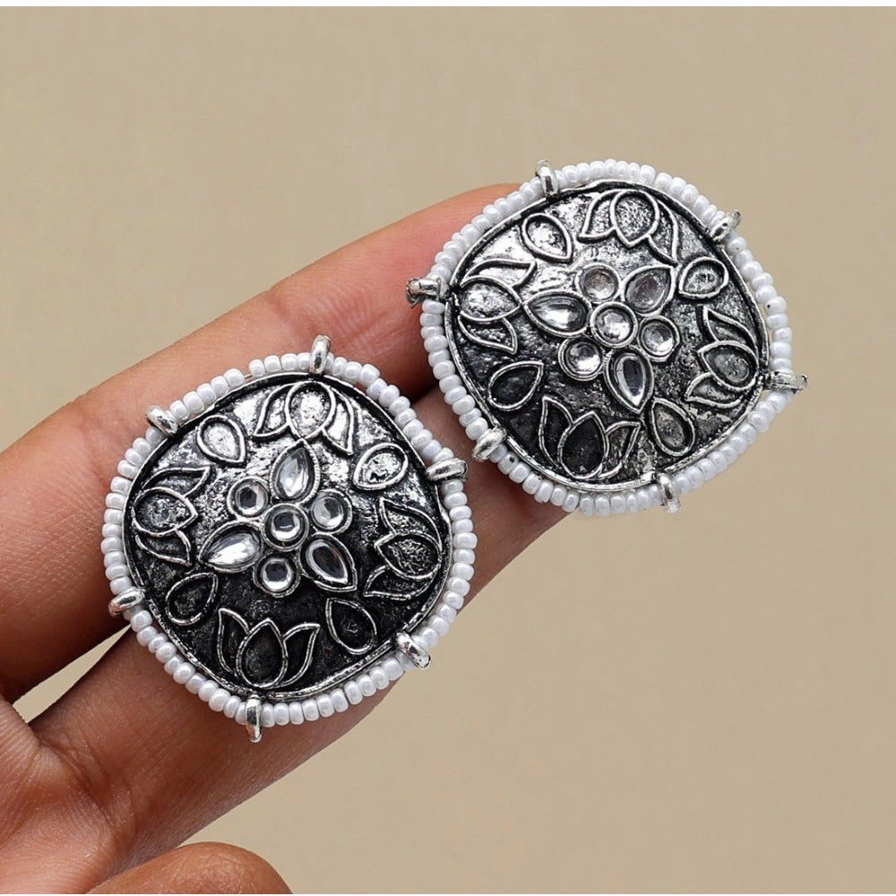 Generic Women's Silver Color Oxidised Stud Earrings - Noble Nook