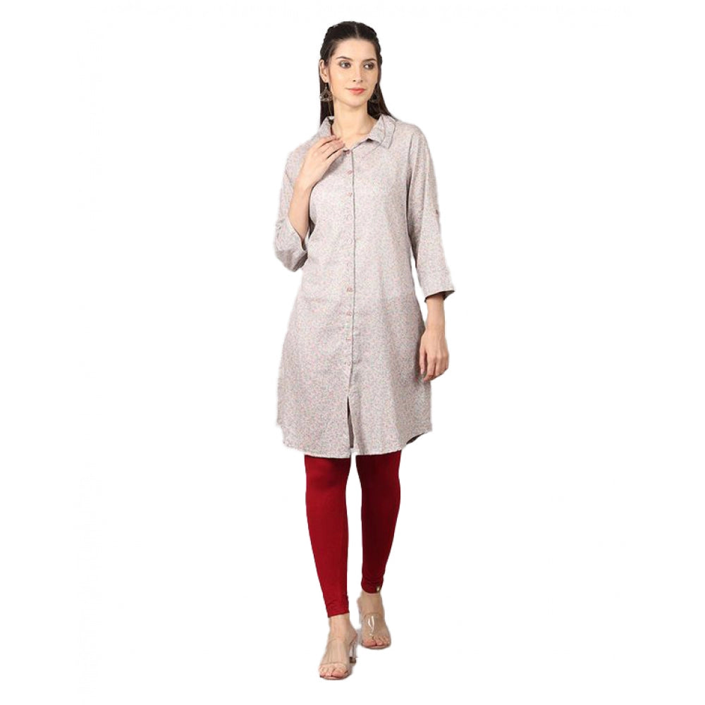 Generic Women's Casual 3/4 Sleeve Cotton Blend Printed Kurti (Grey) - Noble Nook