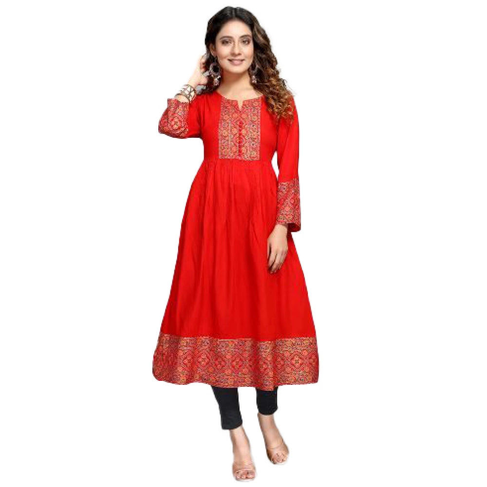 Generic Women's Casual 3/4 Sleeve Viscose Rayon Foil Printed Kurti (Red) - Noble Nook