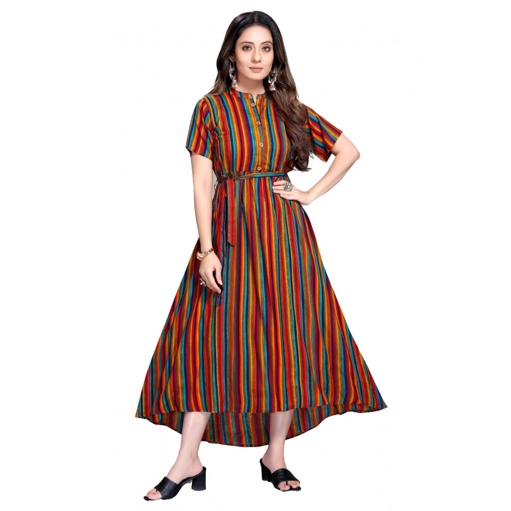 Generic Women's Casual 3/4 Sleeve Viscose Rayon Strip Kurti (Multicolor) - Noble Nook