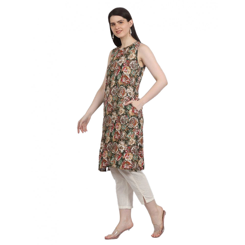 Generic Women's Casual Sleeveless Viscose Rayon Printed Kurti (Green) - Noble Nook