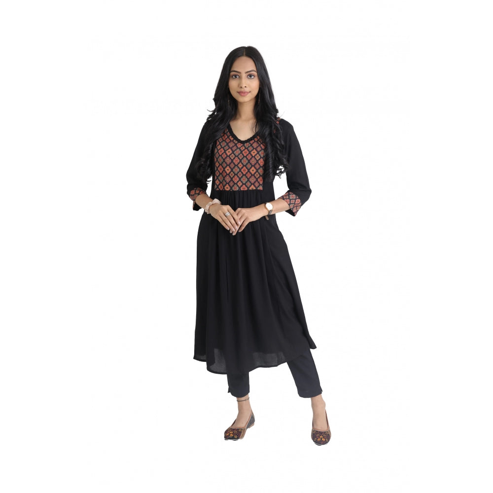 Generic Women's Casual 3/4 Sleeve Viscose Rayon Printed Kurti (Black) - Noble Nook