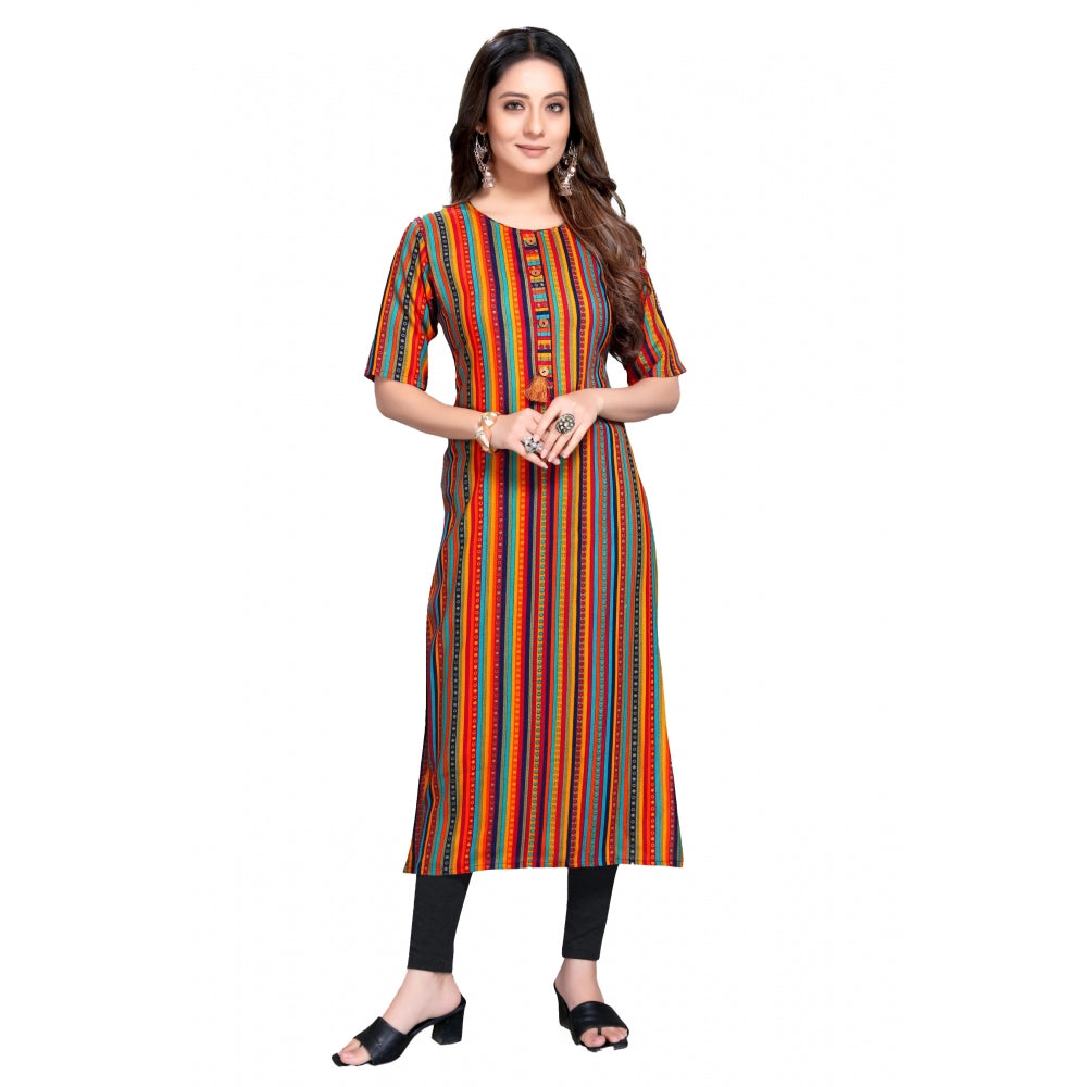 Generic Women's Casual 3/4 Sleeve Viscose Rayon Strip Kurti (Multicolor) - Noble Nook