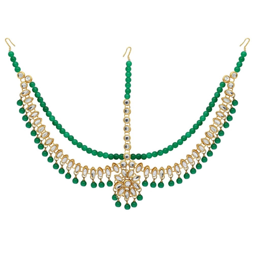 Generic Women's Green Color Imitation Pearl &amp; Kundan Work Matha Patti - Noble Nook