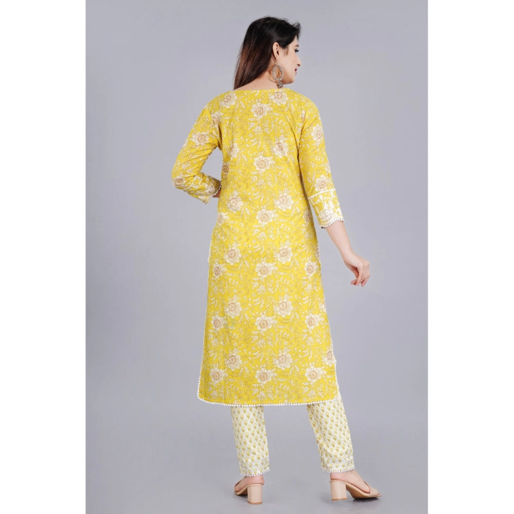 Generic Women's Casual 3/4 Sleeve Embroidered Rayon Kurti With Pant And Dupatta Set (Yellow) - Noble Nook