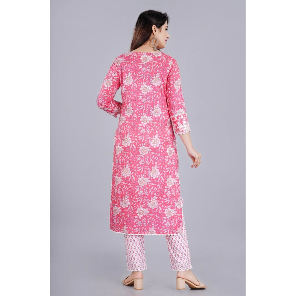 Generic Women's Casual 3/4 Sleeve Embroidered Rayon Kurti With Pant And Dupatta Set (Pink) - Noble Nook