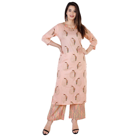 Generic Women's Casual 3/4 Sleeve Printed Rayon Kurti With Palazzo Set (Peach) - Noble Nook