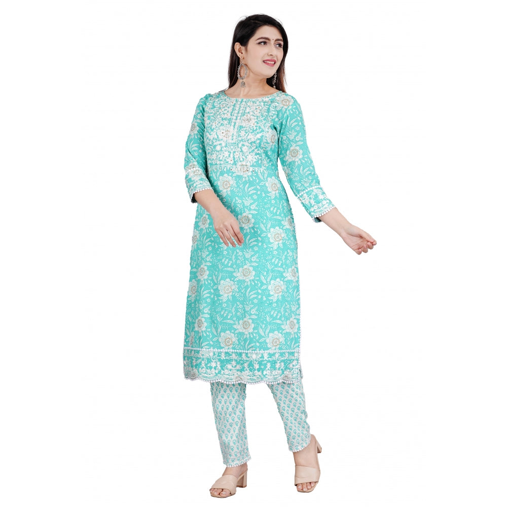 Generic Women's Casual 3/4 Sleeve Embroidered Rayon Kurti With Pant And Dupatta Set (Sea Green) - Noble Nook