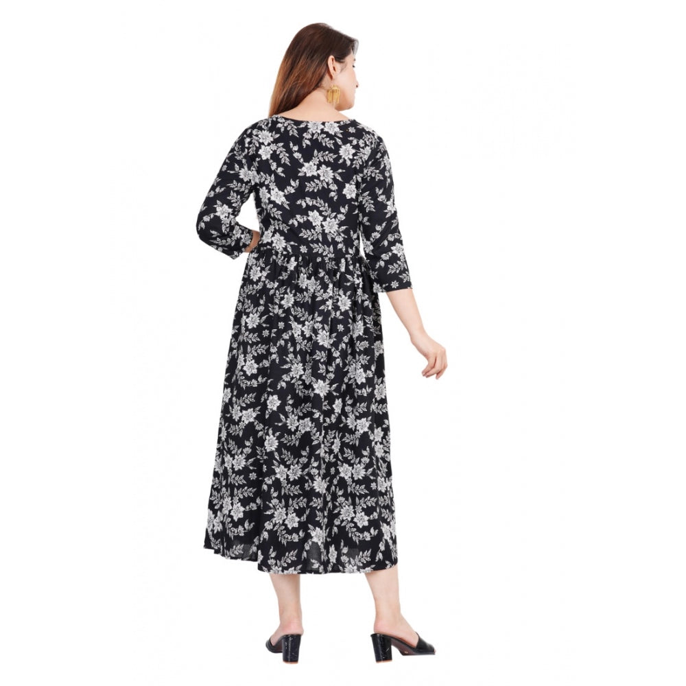 Generic Women's Casual 3/4 Sleeve Printed Viscose Maternity Feeding Kurti (Black) - Noble Nook