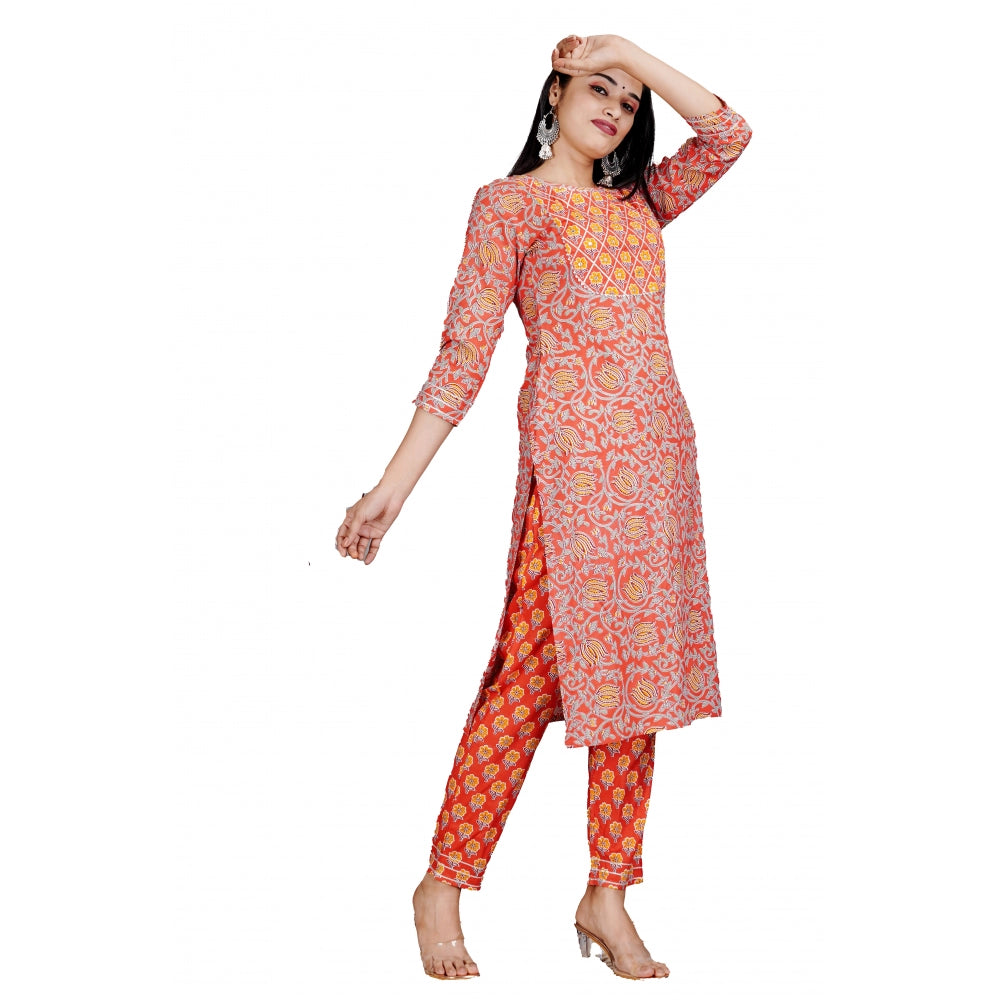 Generic Women's Casual 3/4 Sleeve Printed Rayon Kurti With Pant Set (Peach) - Noble Nook