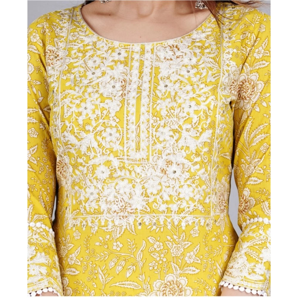 Generic Women's Casual 3/4 Sleeve Embroidered Rayon Kurti With Pant And Dupatta Set (Yellow) - Noble Nook