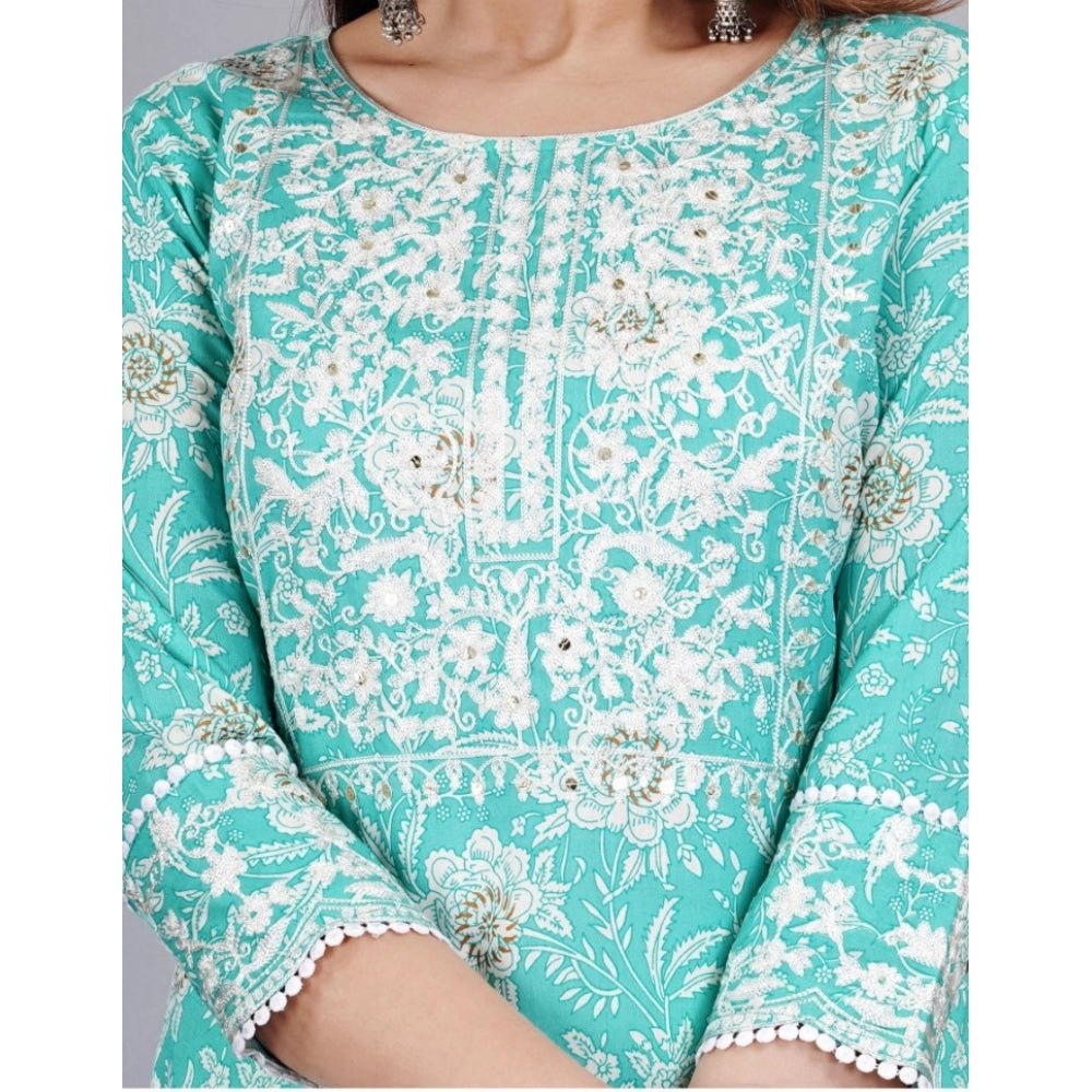 Generic Women's Casual 3/4 Sleeve Embroidered Rayon Kurti With Pant And Dupatta Set (Sea Green) - Noble Nook