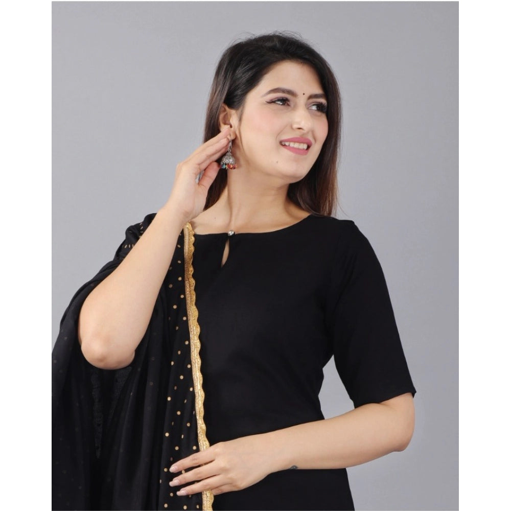 Generic Women's Casual Half Sleeve Solid Rayon Kurti With Pant And Dupatta Set (Black) - Noble Nook