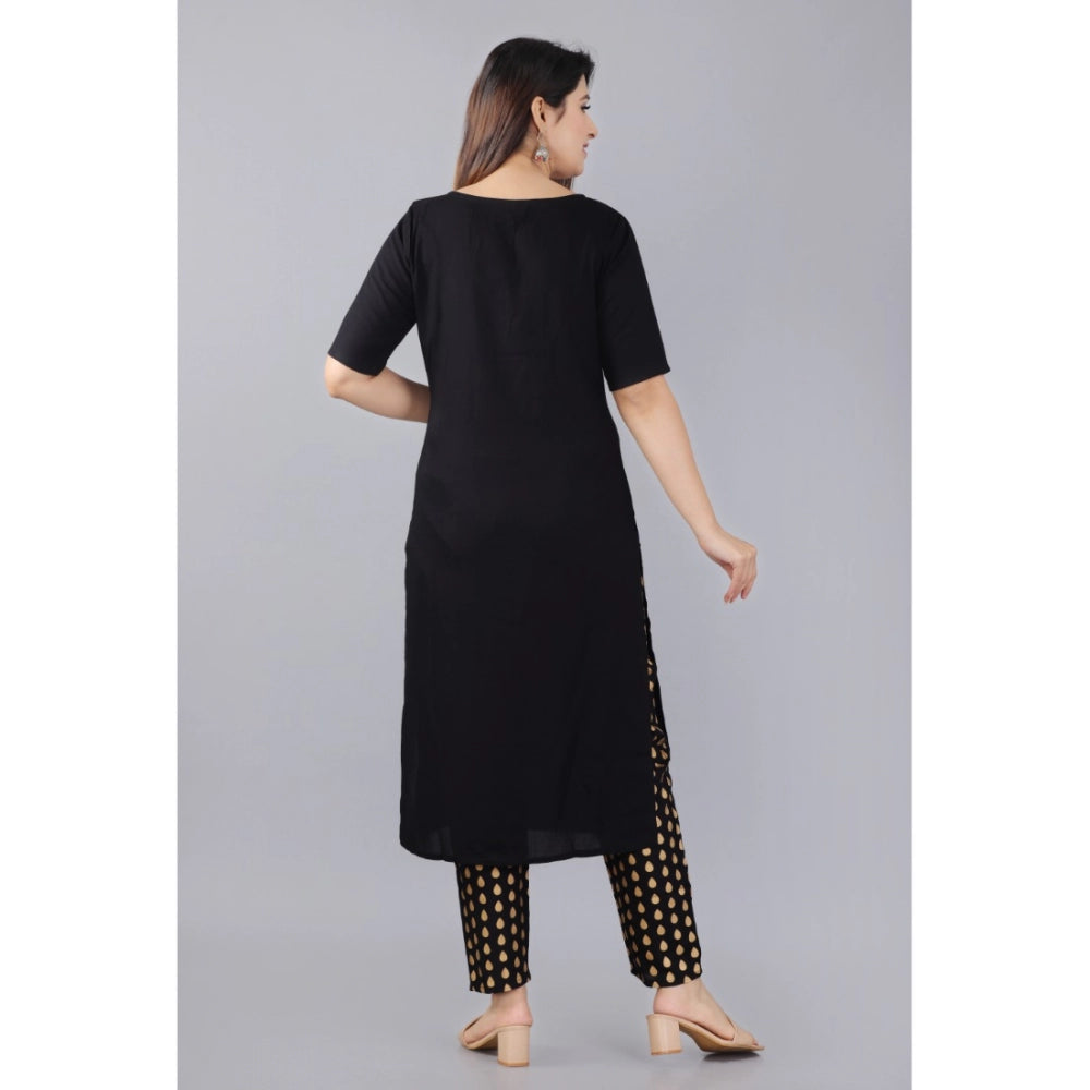 Generic Women's Casual Half Sleeve Solid Rayon Kurti With Pant And Dupatta Set (Black) - Noble Nook