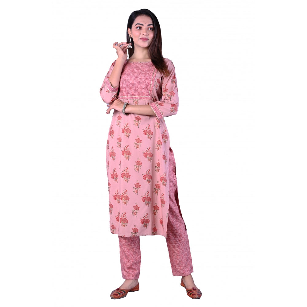 Generic Women's Casual 3/4 Sleeve Printed Rayon Kurti With Pant Set (Pink) - Noble Nook