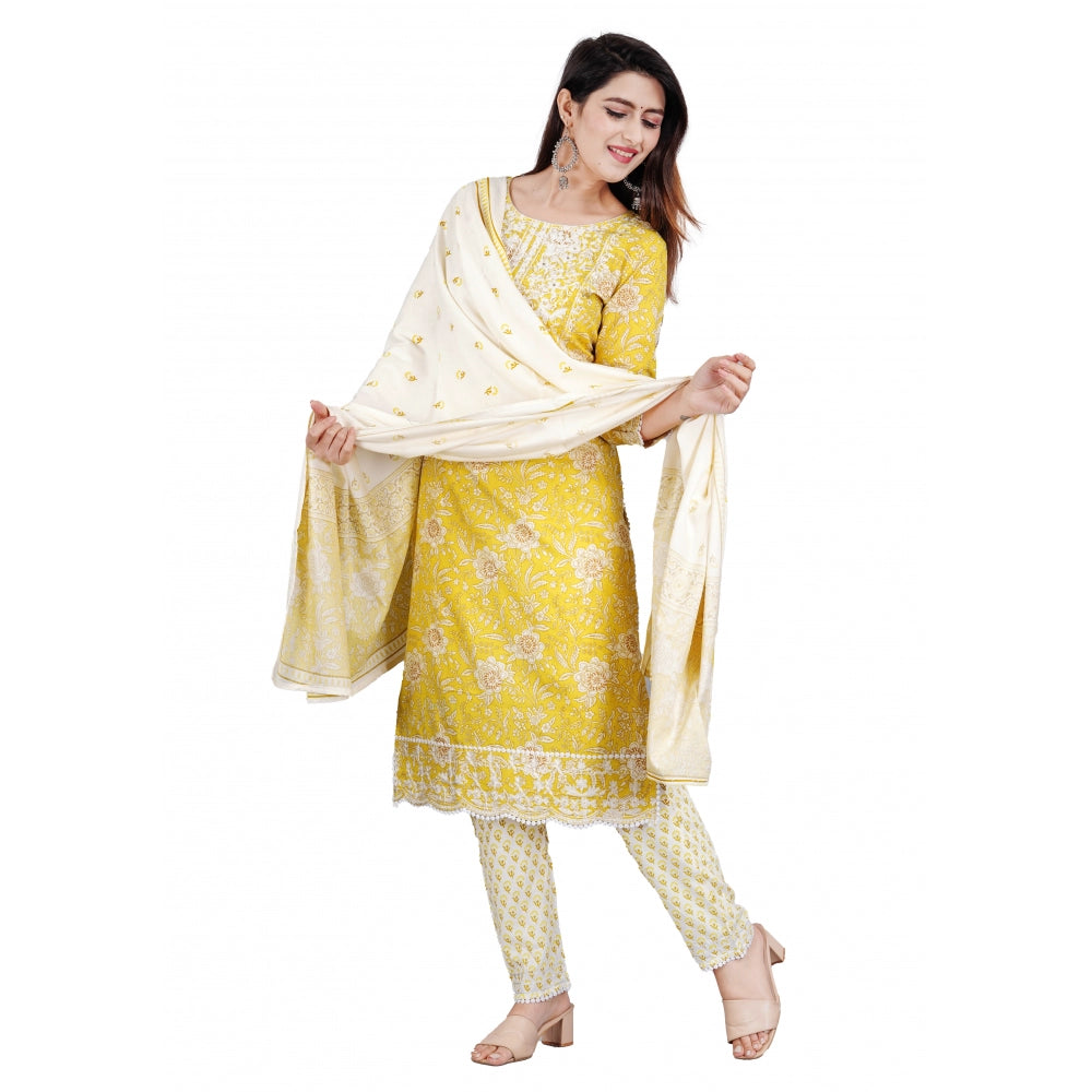 Generic Women's Casual 3/4 Sleeve Embroidered Rayon Kurti With Pant And Dupatta Set (Yellow) - Noble Nook