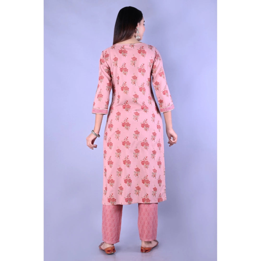 Generic Women's Casual 3/4 Sleeve Printed Rayon Kurti With Pant Set (Pink) - Noble Nook