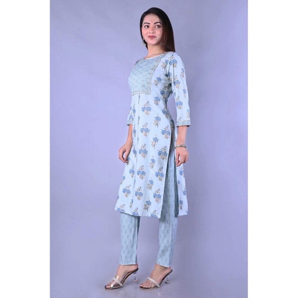 Generic Women's Casual 3/4 Sleeve Printed Rayon Kurti With Pant Set (Blue) - Noble Nook