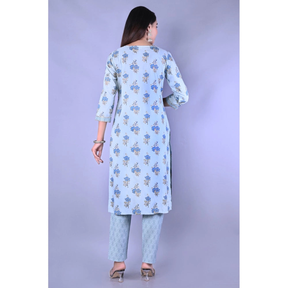 Generic Women's Casual 3/4 Sleeve Printed Rayon Kurti With Pant Set (Blue) - Noble Nook