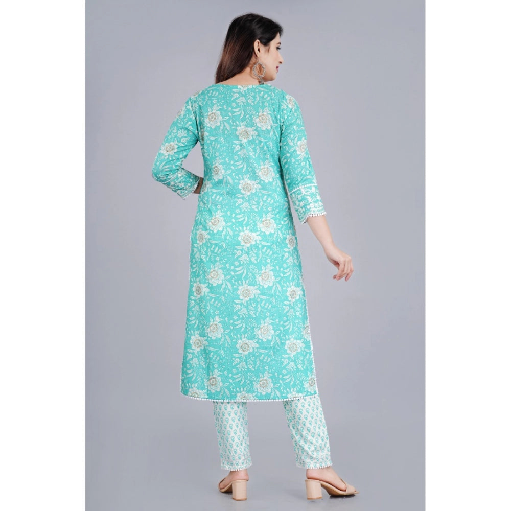 Generic Women's Casual 3/4 Sleeve Embroidered Rayon Kurti With Pant And Dupatta Set (Sea Green) - Noble Nook