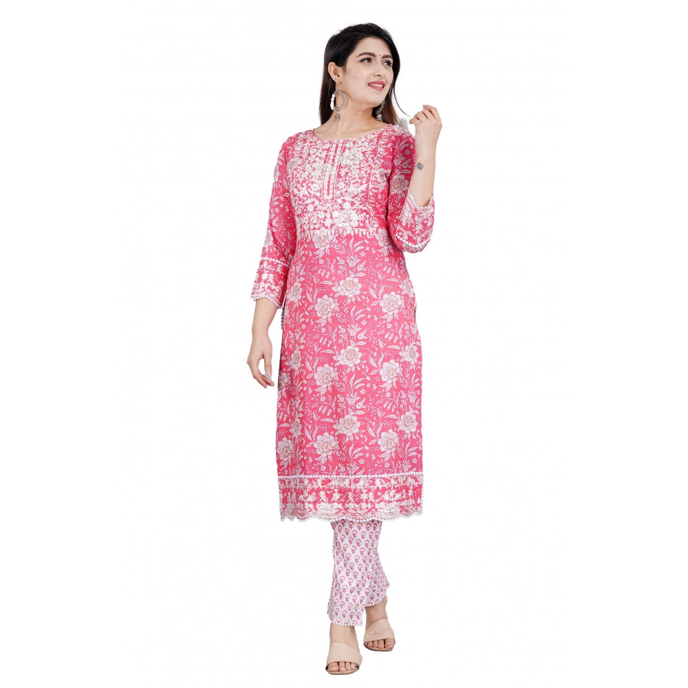 Generic Women's Casual 3/4 Sleeve Embroidered Rayon Kurti With Pant And Dupatta Set (Pink) - Noble Nook