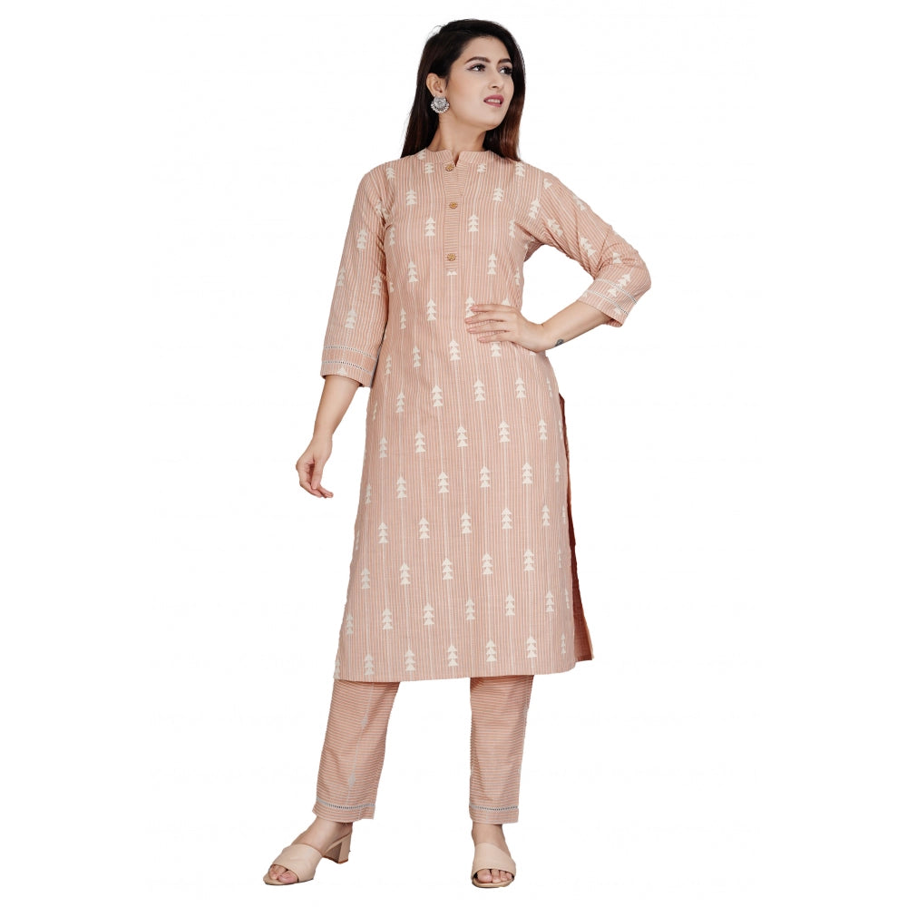 Generic Women's Casual 3/4 Sleeve Printed Rayon Kurti With Pant Set (Beige) - Noble Nook