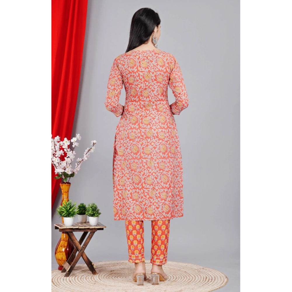 Generic Women's Casual 3/4 Sleeve Printed Rayon Kurti With Pant Set (Peach) - Noble Nook