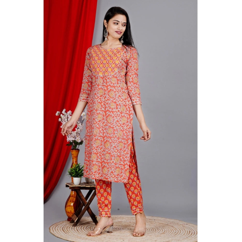 Generic Women's Casual 3/4 Sleeve Printed Rayon Kurti With Pant Set (Peach) - Noble Nook