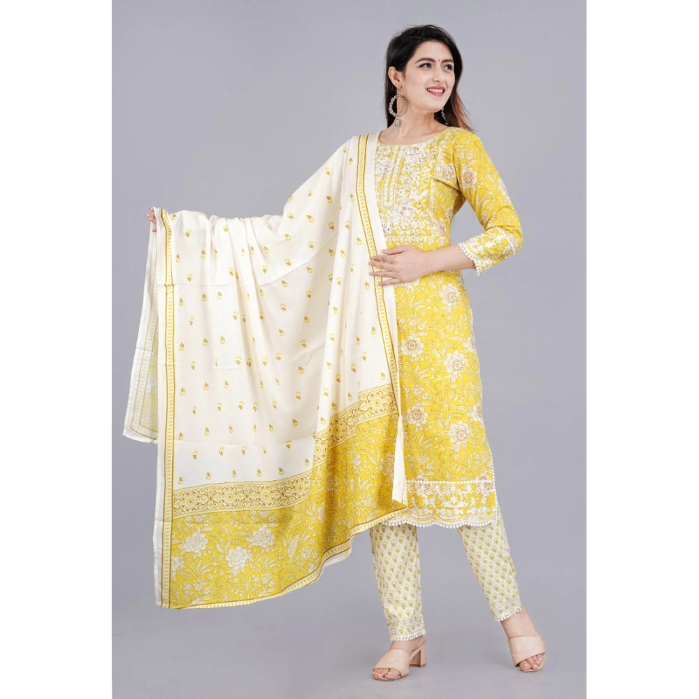 Generic Women's Casual 3/4 Sleeve Embroidered Rayon Kurti With Pant And Dupatta Set (Yellow) - Noble Nook