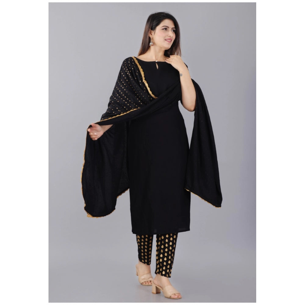 Generic Women's Casual Half Sleeve Solid Rayon Kurti With Pant And Dupatta Set (Black) - Noble Nook